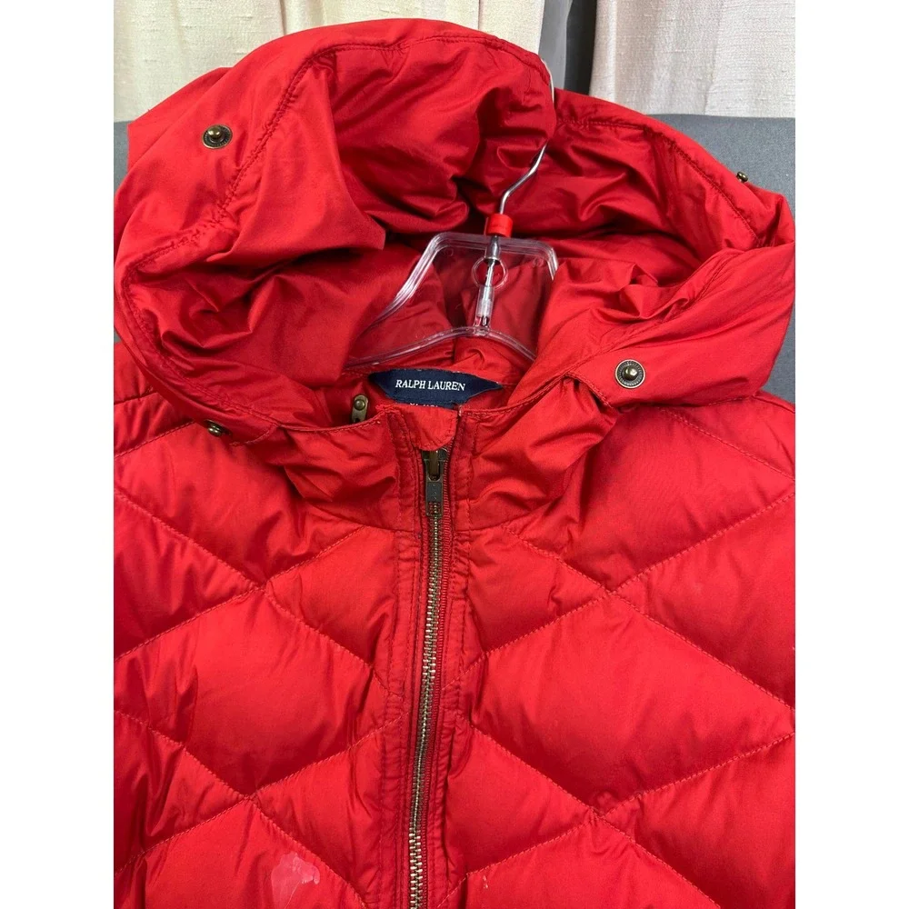 VTG Ralph Lauren Girls Red Quilted Down Puffer Jacket Hooded Belted Size XL 16